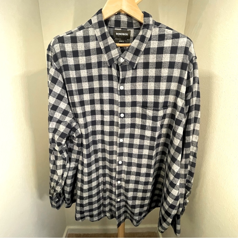 BONOBOS - Dark Blue and Grey Checked Button Down Shirt, Mens 3XL, Promin…